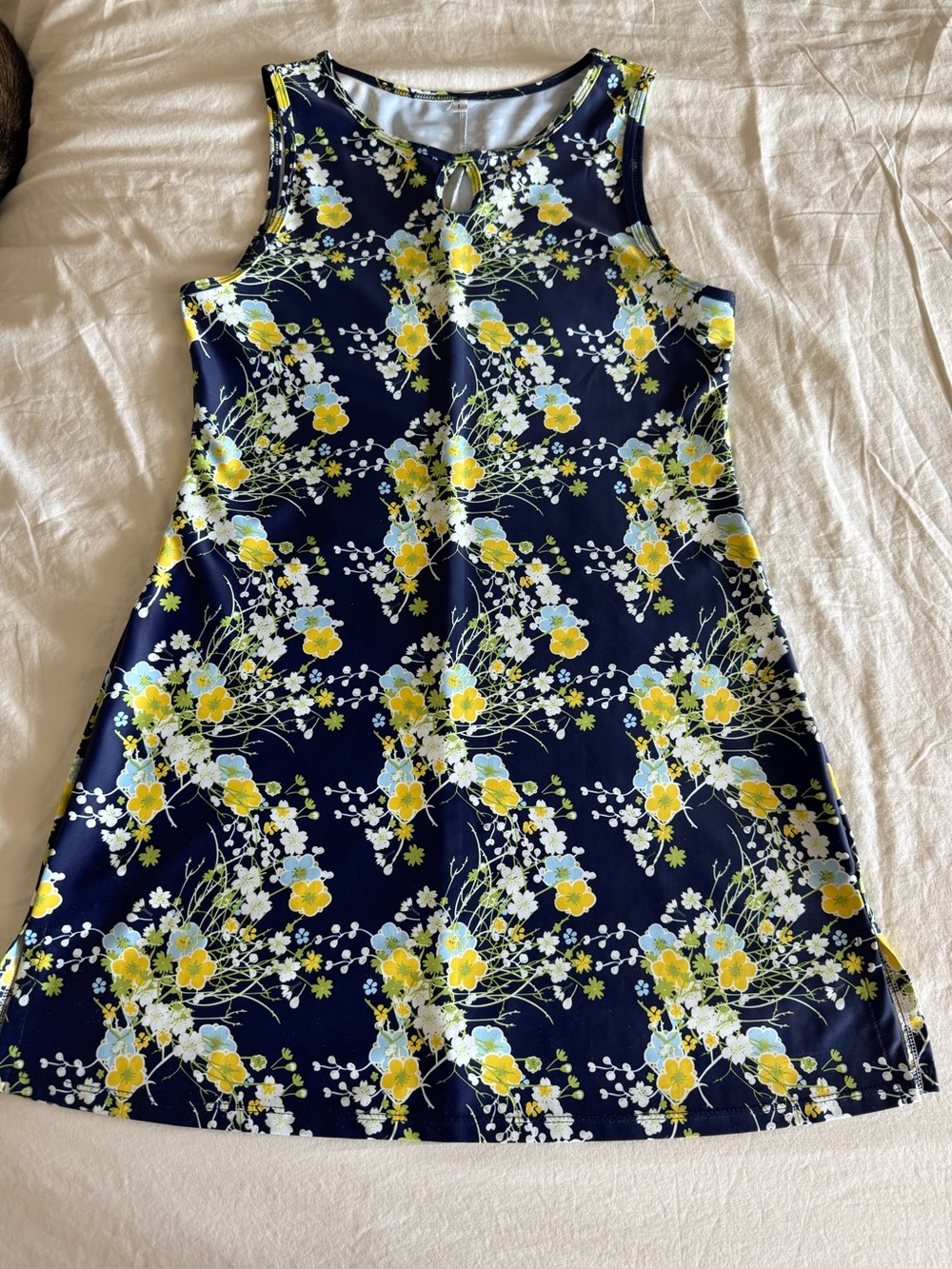 Joanie - Navy Floral Keyhole Sleeveless Dress with Yellow & White Blooms